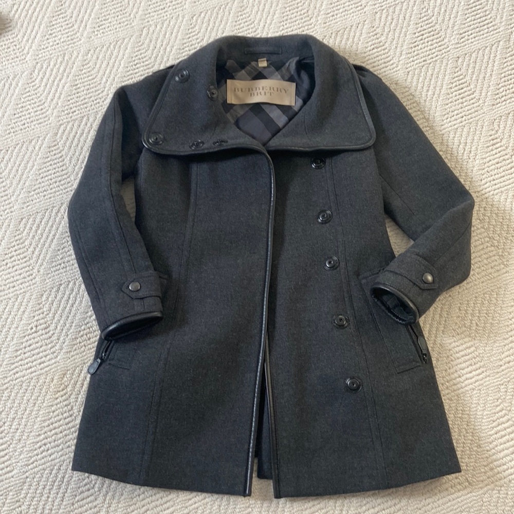 Burberry Brit charcoal wool peacoat with belt leather trim size 6